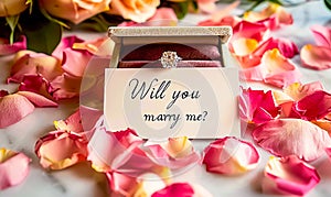 A romantic marriage proposal setup with a diamond engagement ring in a box surrounded by soft pink rose petals and a Will you