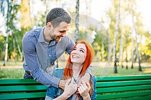 Romantic meeting of love couple in summer park
