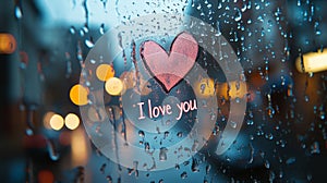 Romantic message declaring love, drawn on a wet window with raindrops and blurred city lights in the background photo