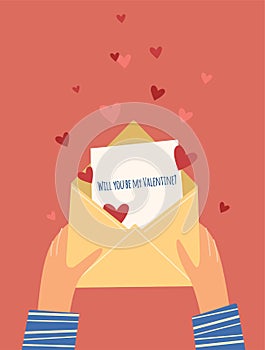 A romantic message in an envelope Valentine`s day card. Vector illustration in a flat style. Love letter with hearts