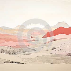 Romantic Minimalist Desert Landscape Drawing In Soft Pastel Shades