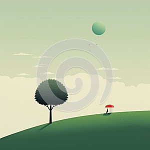 Romantic Minimalist Surrealist Illustration Of Two People Under An Umbrella On A Hill