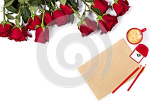 Romantic mockup. Beautiful bunch of large red roses, sheet of craft paper, color pencils, small cup of coffee and box with ring