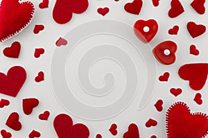 Romantic mockup. Frame made of different size red hearts on white background. Valentines day top view mockup with copy