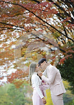 The romantic moment of approaching a kiss from lovers