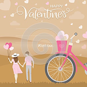 Romantic moment of happiness couple hold hand with nature landscape, Happy valentines day concept