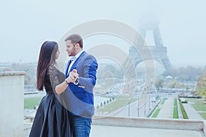 Romantic moment near Eiffel tower