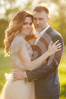 Romantic moments of a young wedding couple on summer meadow