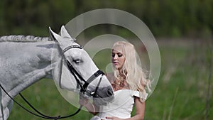 romantic mood at wedding day, beautiful woman in white dress and calm cute equine