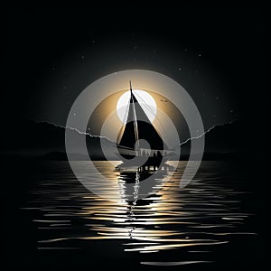 Romantic Moonlit Seascapes: A Detailed Silhouette Sailboat In Night Waters