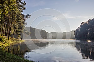 Romantic morning scenery of Huai Pang tong Reservoir and pine forests at Pang Oung,Pang Tong Royal Development Project,Ban Ruam Th