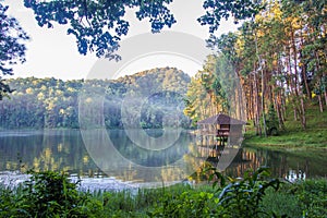 Romantic morning scenery of Huai Pang tong Reservoir and pine forests at Pang Oung,Pang Tong Royal Development Project,Ban Ruam Th