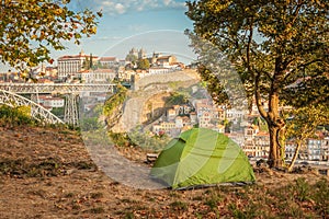 Romantic morning in a tent with beautiful view of Porto. Portugal