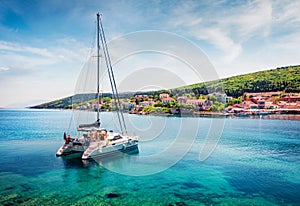 Romantic morning view of Fiskardo port. Spectacular spring seascape of Ionian Sea. Colorful morning scene of Kefalonia island,