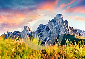 Romantic morning view of peak Ra Gusela, Averau - Nuvolau group from Passo di Giau. Marvelous summer sunrise in Dolomiti Alps, Cor