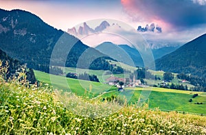 Romantic morning view of Santa Maddalena or Santa Maddalena village. Great summer scene of Funes valley. Picturesque landscape of