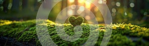 Romantic Mossy Heart in Sunlit Forest on Wooden Background with AI Generative Touch