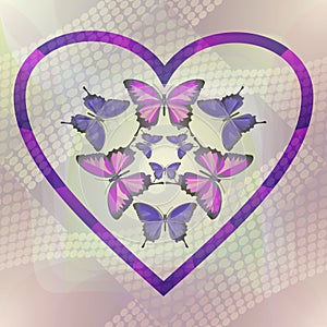 Romantic motif with butterflies in heart on halftone background