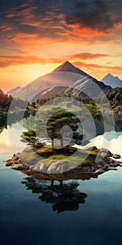 Romantic Mountain Island With Tree In Water - 8k Uhd Realistic Anamorphic Art