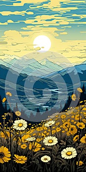 Romantic Mountainous Vistas: Yellow Flowers In Laurie Greasley Style