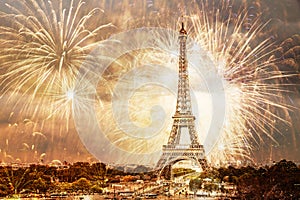 romantic New Year destination Eiffel tower with fireworks Paris, France