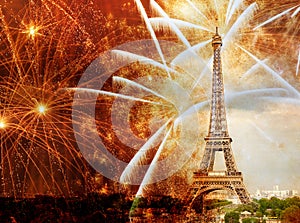 romantic New Year destination Eiffel tower with fireworks Paris, France