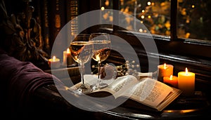 Romantic night candlelight, wine, book, flame, cozy, love generated by AI