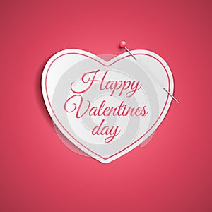 Romantic note from a paper heart with a pin. Festive graphic element. Happy Valentine`s Day. Note for a loved one. Vector.