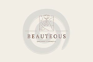 Romantic organic beauty care natural lotus flower human hand monochrome line art logo vector