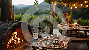 Romantic outdoor evening meal by a wood fired oven with pizza, wine, and soft lighting. a cozy dinner in nature. AI