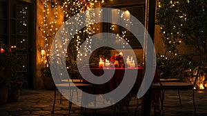 Romantic Dinner Table Setting with Candles and String Lights