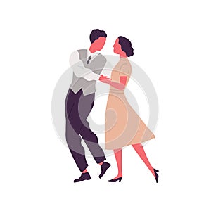 Romantic pair holding hands and dancing lindy hop. Man and woman dressed in retro clothes performing swing or jive dance photo