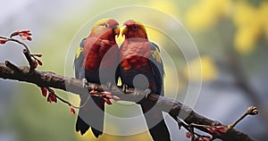 A Romantic Pair of Parrots Perched Together on a Twig