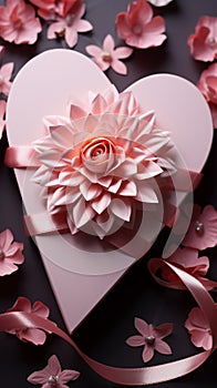 A romantic paper greeting card adorned with a heart ornament and pink flower photo