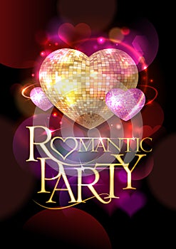 Romantic party poster, golden headline text and pink mosaic hearts