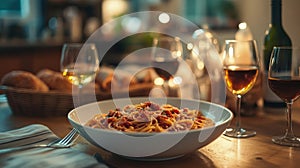 Romantic pasta dinner with red and white wine