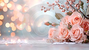 romantic peach roses & wedding rings - pastel colors photo