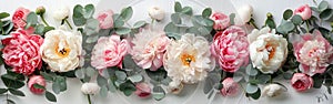 Romantic Peony and Eucalyptus Bouquet on White Table - Styled Stock Photo for Weddings, Birthdays, and Decor