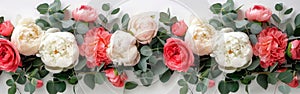 Romantic Peony and Eucalyptus Bouquet on White Table - Styled Stock Photo for Weddings, Birthdays, and Decor