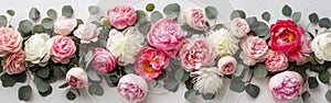 Romantic Peony and Eucalyptus Bouquet on White Table - Styled Stock Photo for Weddings, Birthdays, and Decor