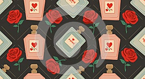 Romantic Perfume Bottles and Red Roses Seamless Pattern
