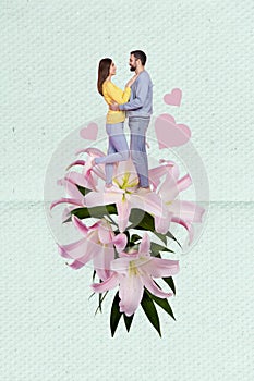 Romantic photo collage poster postcard of happy family celebrate wedding day isolated on painted background