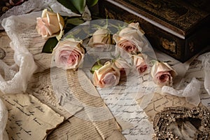 Romantic photo collage with vintage lace, roses, and handwritten notes