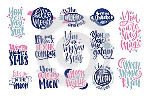 Romantic phrases or quotes handwritten with elegant cursive calligraphic font and decorated by cute elements. Love and