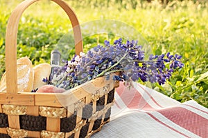 Romantic picnic for a couple. Basket with flowers, wine, peaches and baguettes on the background of bright summer grass
