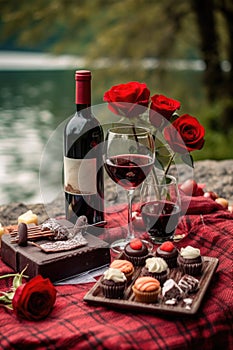 romantic picnic setup with wine, roses, and chocolates
