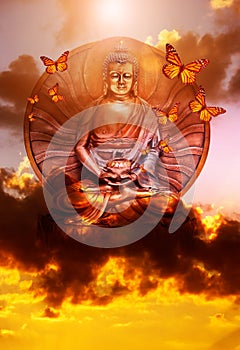 Romantic picture of Buddha with divine golden sky and butterflies