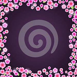 Romantic Pink Floral Frame on Dark Purple Background