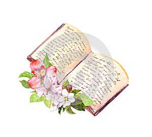 Romantic pink flowers and open old book, hand written text. Watercolor painted vintage illustration for education