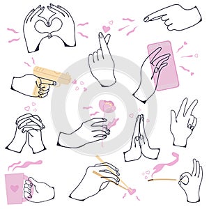 Romantic pink hands and arms expressions. Hand sign big set. Valentine's day. Hands holding different stuff. Doodle